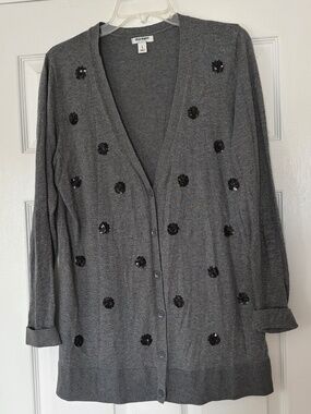 Old Navy Embellished Cardigan V-Neck Button Up Gray Size Large Black Sequins